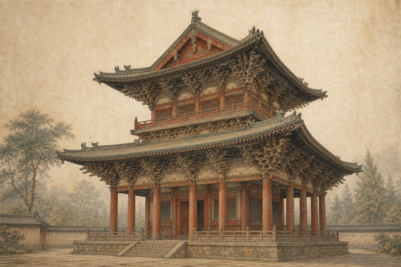 独乐寺观音阁历史建筑风格插画