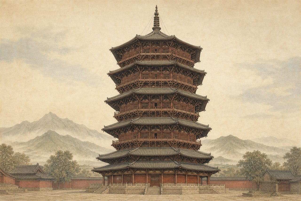 应县木塔历史建筑风格插画